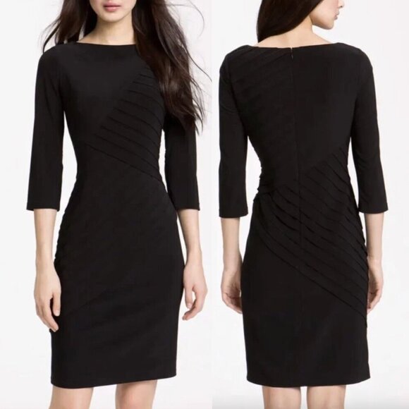 ADRIANNA PAPELL Black Shutter Pleat Pleated 3/4 Sleeve Jersey Knit Sheath  Dress